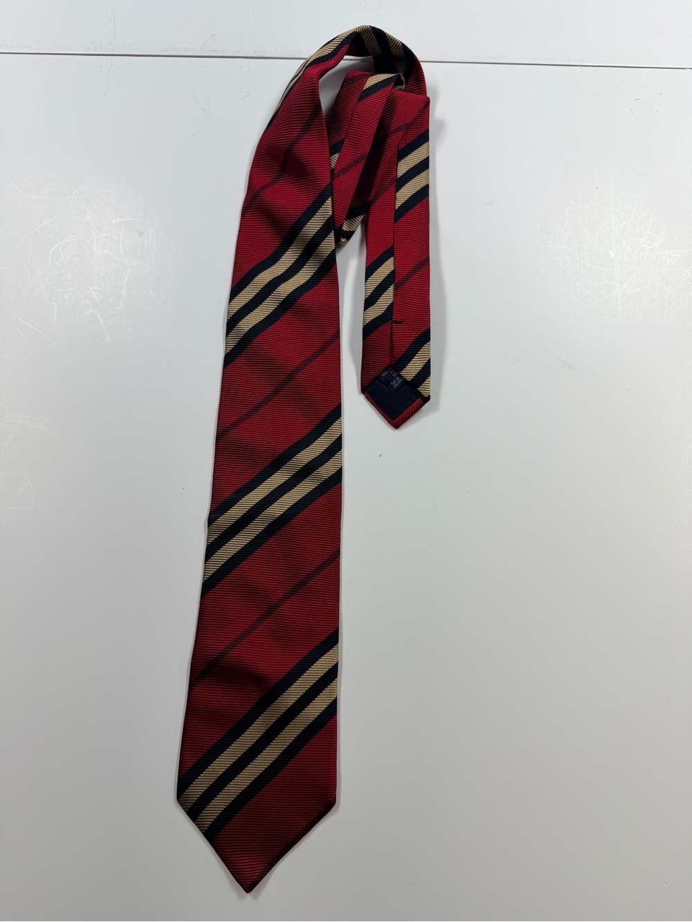 Burberry Red Striped Silk Tie with Navy and Tan Bands
